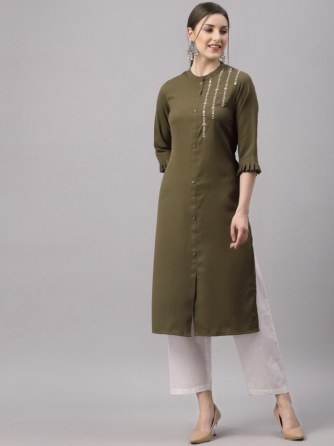 

KALINI Women Olive Green Floral Embroidered Kurta