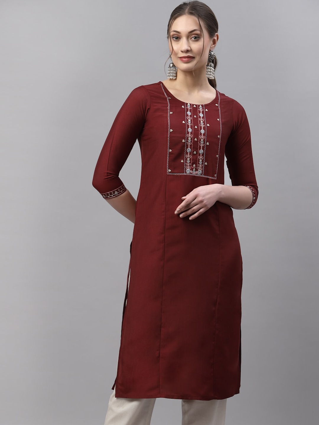 

KALINI Women Maroon Embroidered Yoke Design Kurta