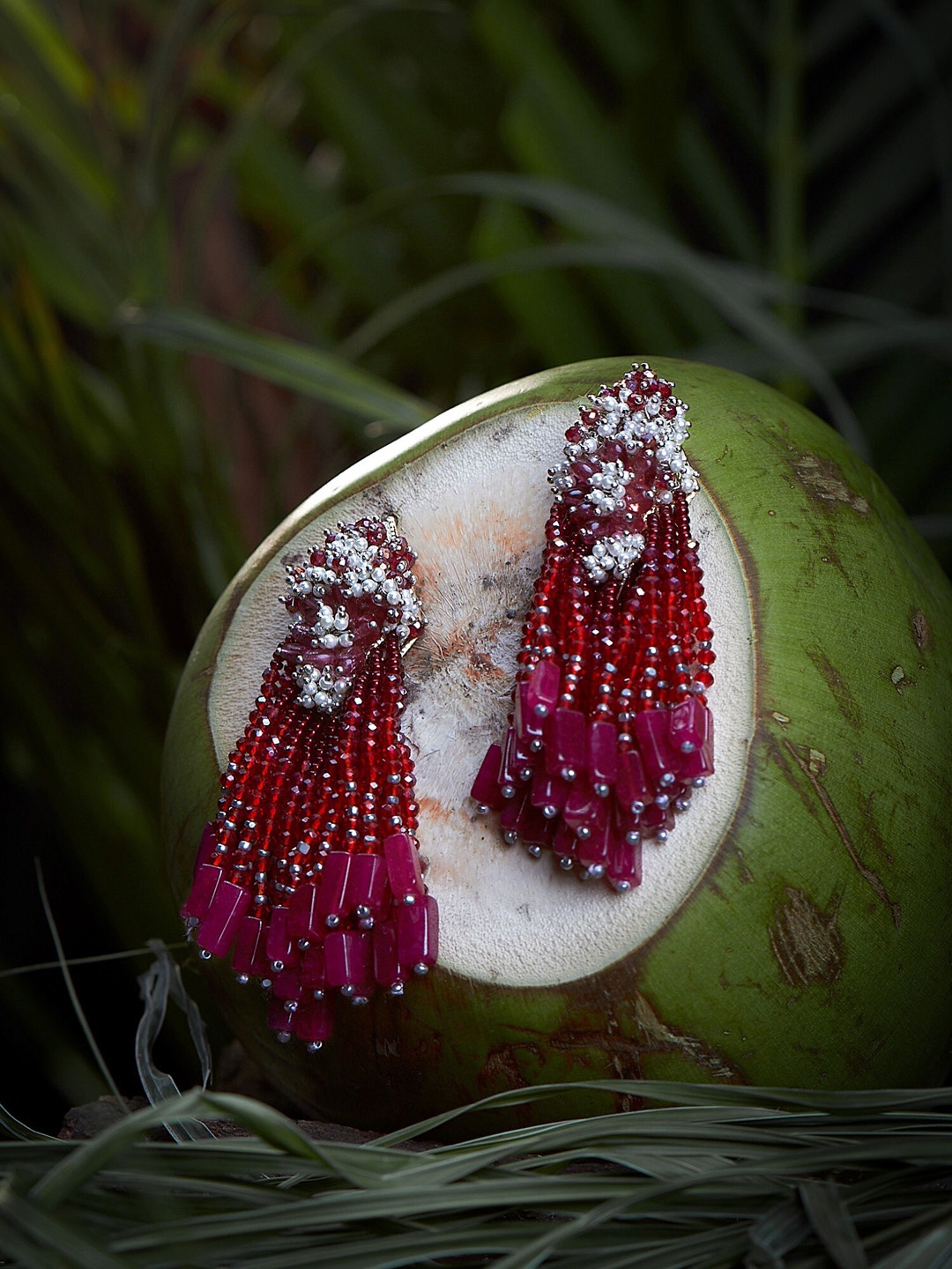 

D'oro Maroon & White Beaded Contemporary Drop Earrings