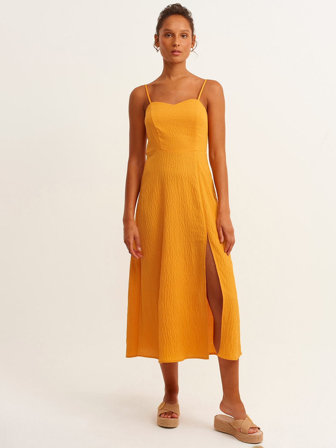 

OXXO Women Mustard Yellow A-Line Midi Dress With a Side Slit