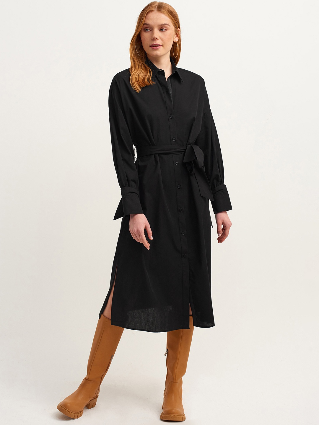 

OXXO X City Collection Women Black Pure Cotton Shirt Midi Dress With A Belt