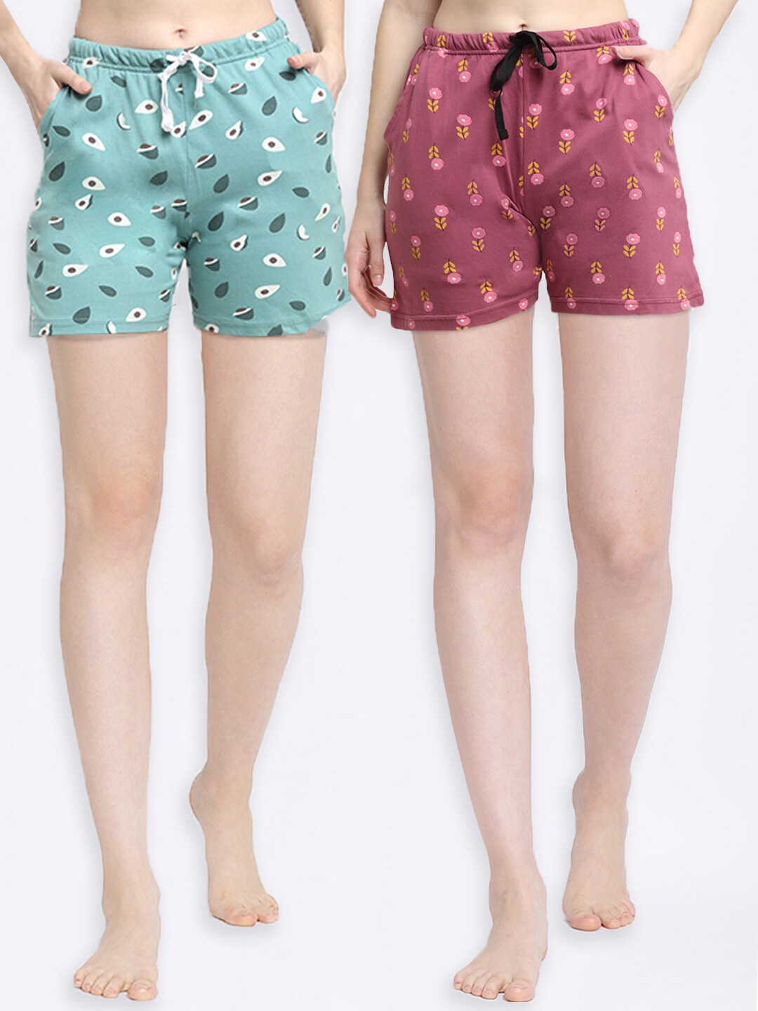 

Kanvin Women Green & Pink Printed Pure Cotton Lounge Shorts Pack Of 2