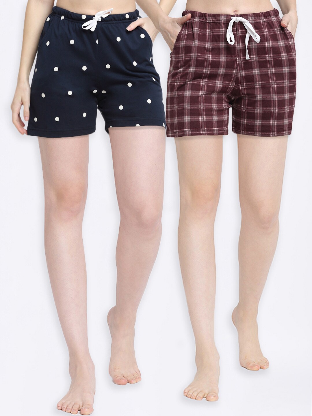 

Kanvin Women Pack of 2 Navy Blue & Brown Checked Lounge Shorts