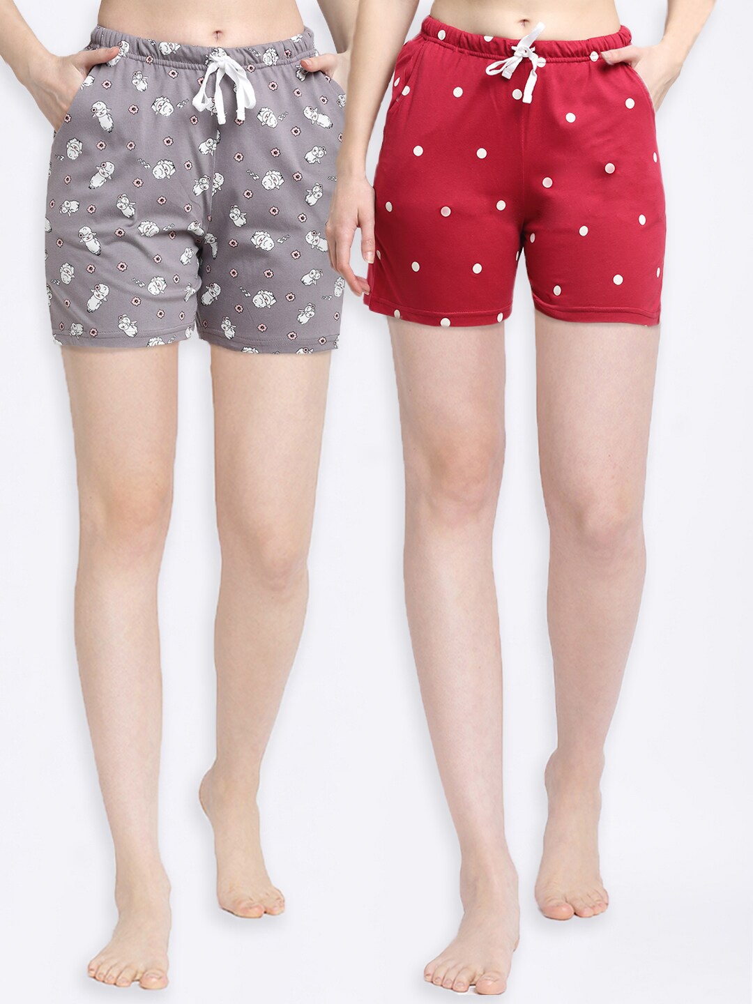 

Kanvin Women Pack of 2 Grey & Red Printed Pure Cotton Pure Cotton Lounge Shorts