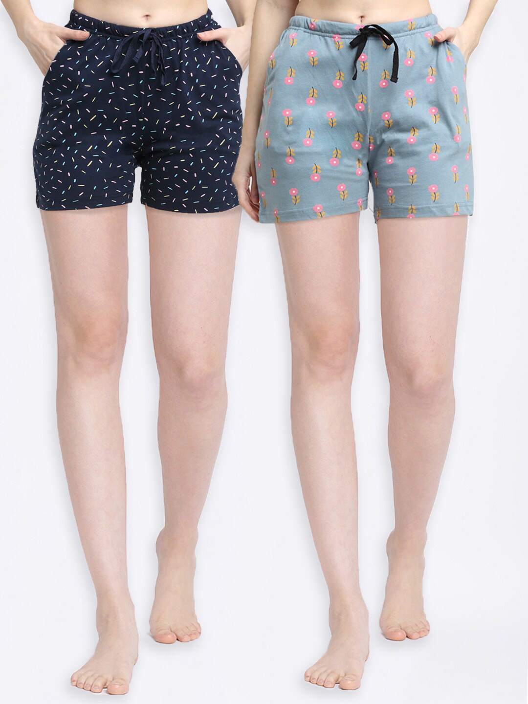 

Kanvin Women Pack of 2 Navy Blue & Green Printed Lounge Shorts