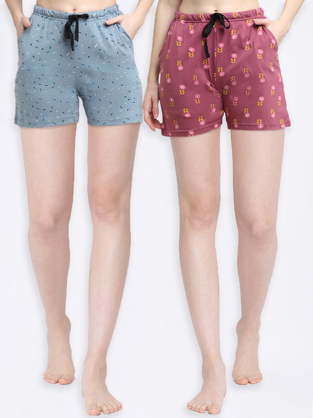 

Kanvin Women Pack of 2 Blue & Pink Printed Lounge Shorts