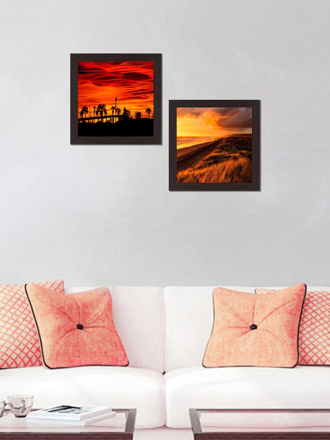 

WENS Set Of 2 Orange And Black UV Textured Sunset View Painting