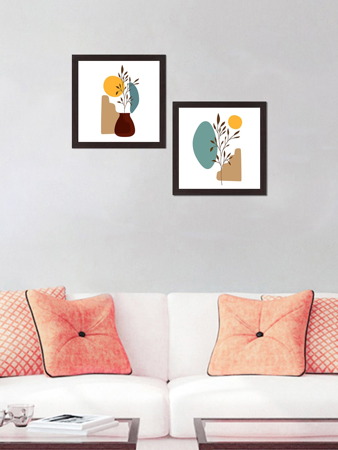 

WENS Set Of 2 White & Orange Abstract Botanical Printed Framed Wall Arts