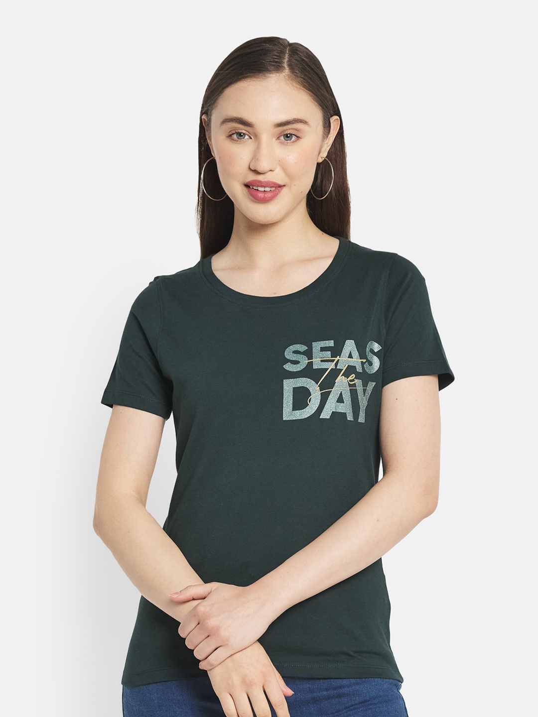 

METTLE Women Green Typography Printed Cotton T-shirt
