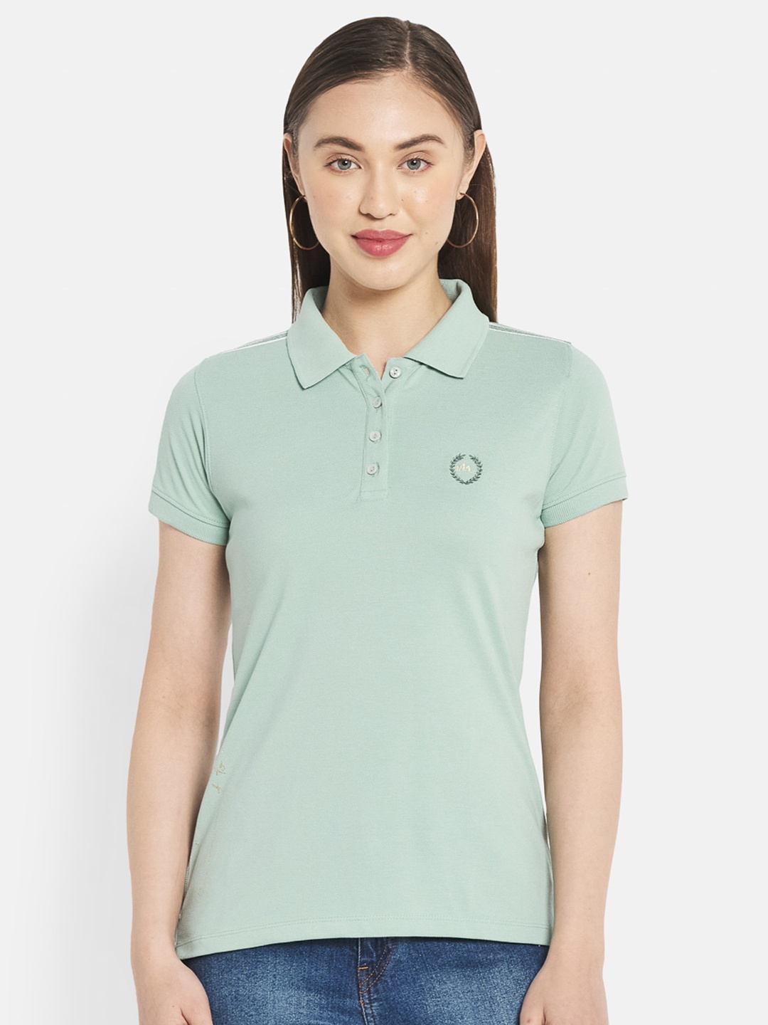 

METTLE Women Green Solid Polo Collar T-shirt