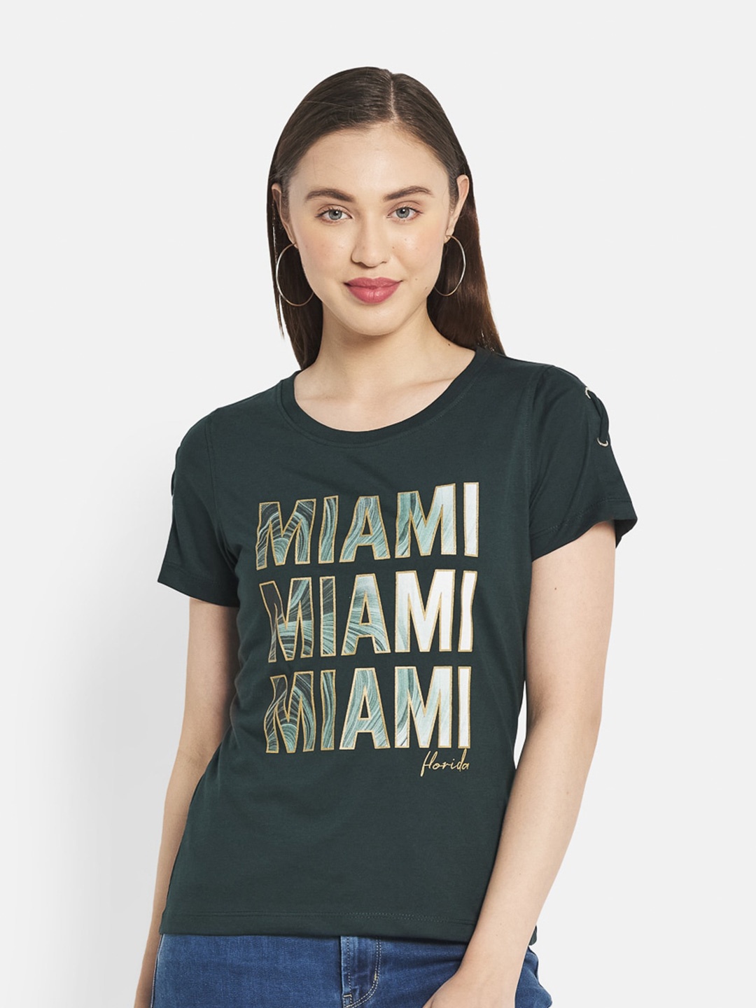 

METTLE Women Green Typography Printed Cotton T-shirt