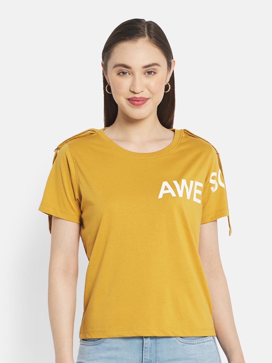 

METTLE Women Mustard Yellow Printed T-shirt
