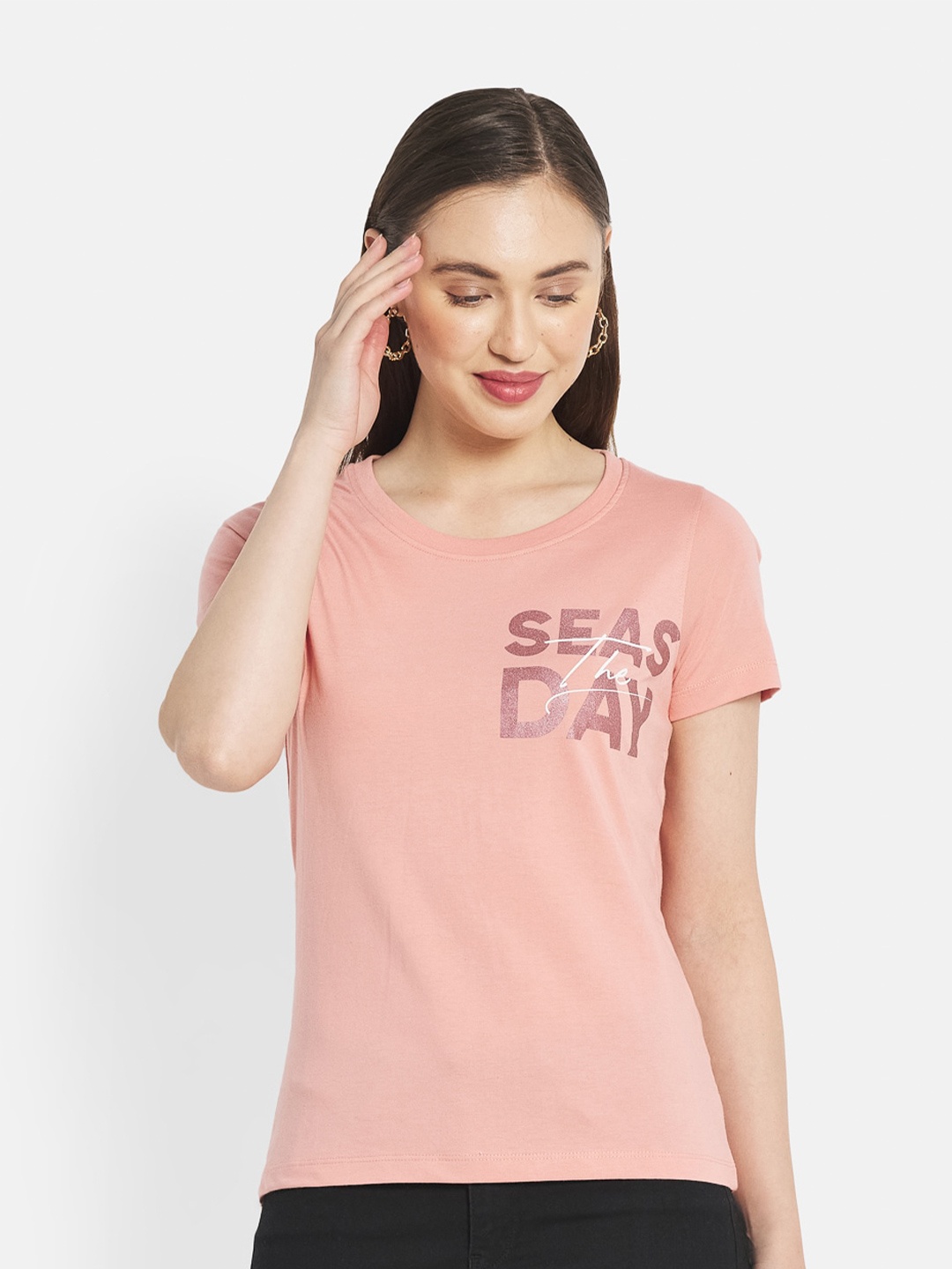 

METTLE Women Peach-Coloured Typography Printed Cotton T-shirt