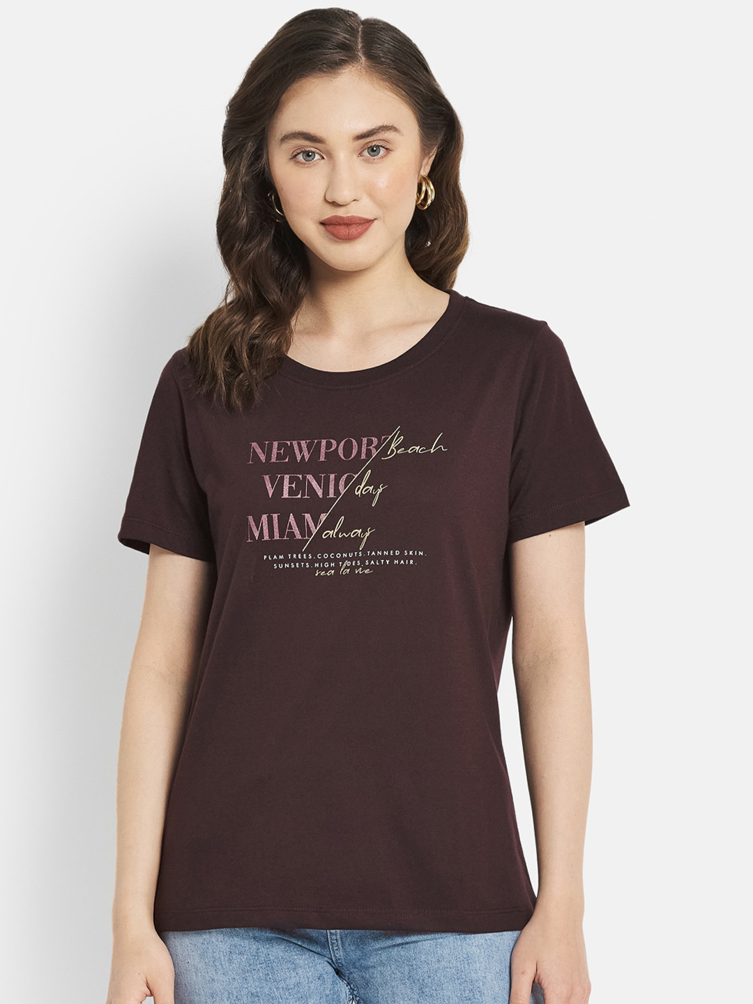 

METTLE Women Burgundy Typography Printed T-shirt