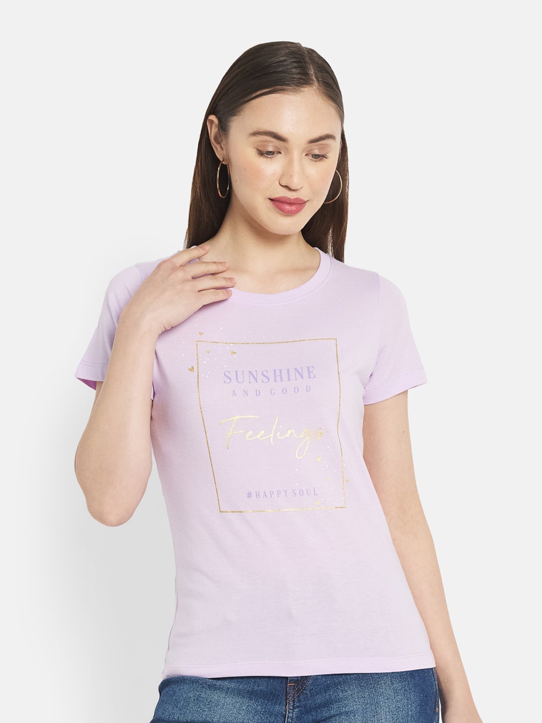 

METTLE Women Lavender Typography Printed Cotton T-shirt