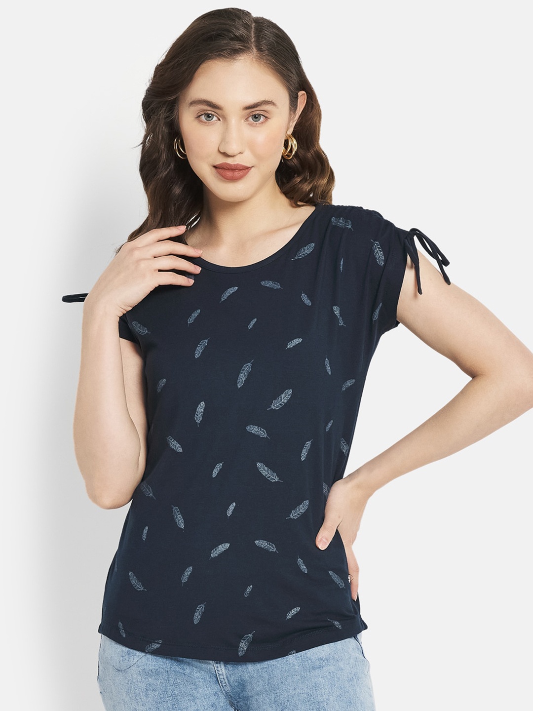

METTLE Women Blue Printed Extended Sleeves Cotton T-shirt