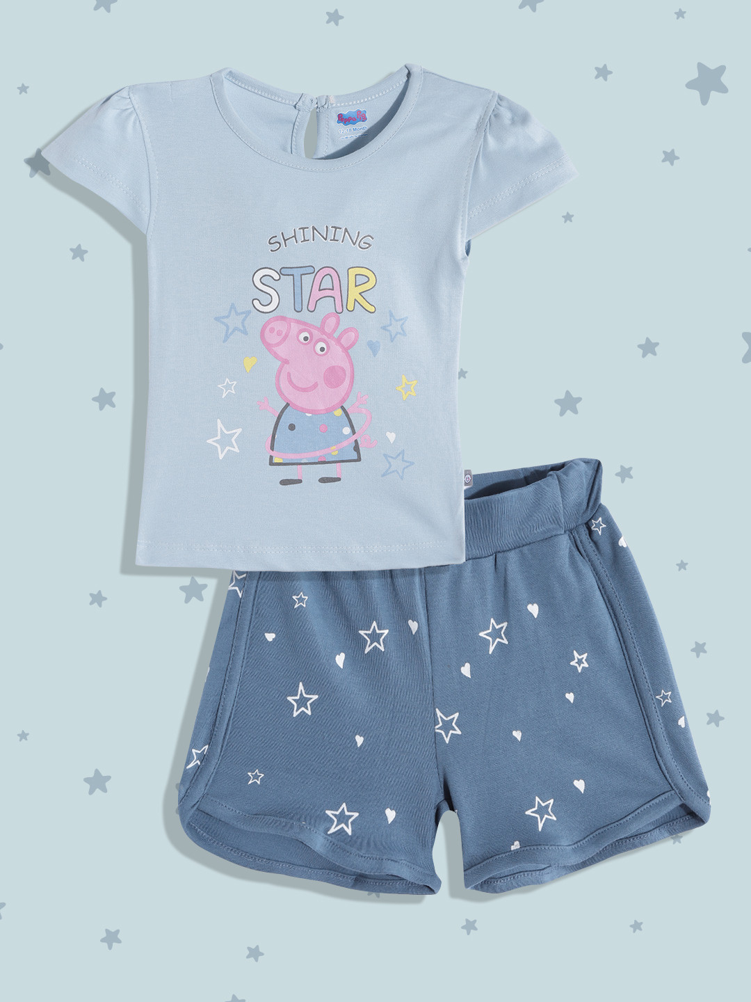 

TINYO Infant Girls Blue & Pink Peppa Pig Print Pure Cotton Top with Shorts