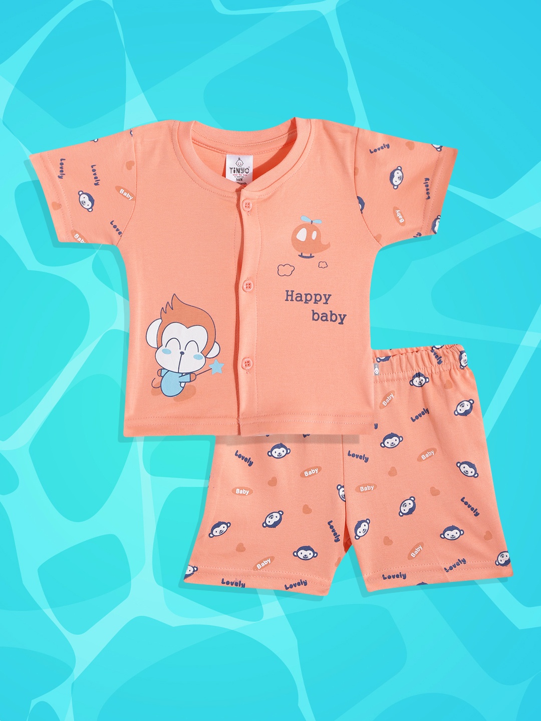 

TINYO Boys Peach-Coloured & Blue Pure Cotton Printed T-shirt with Shorts