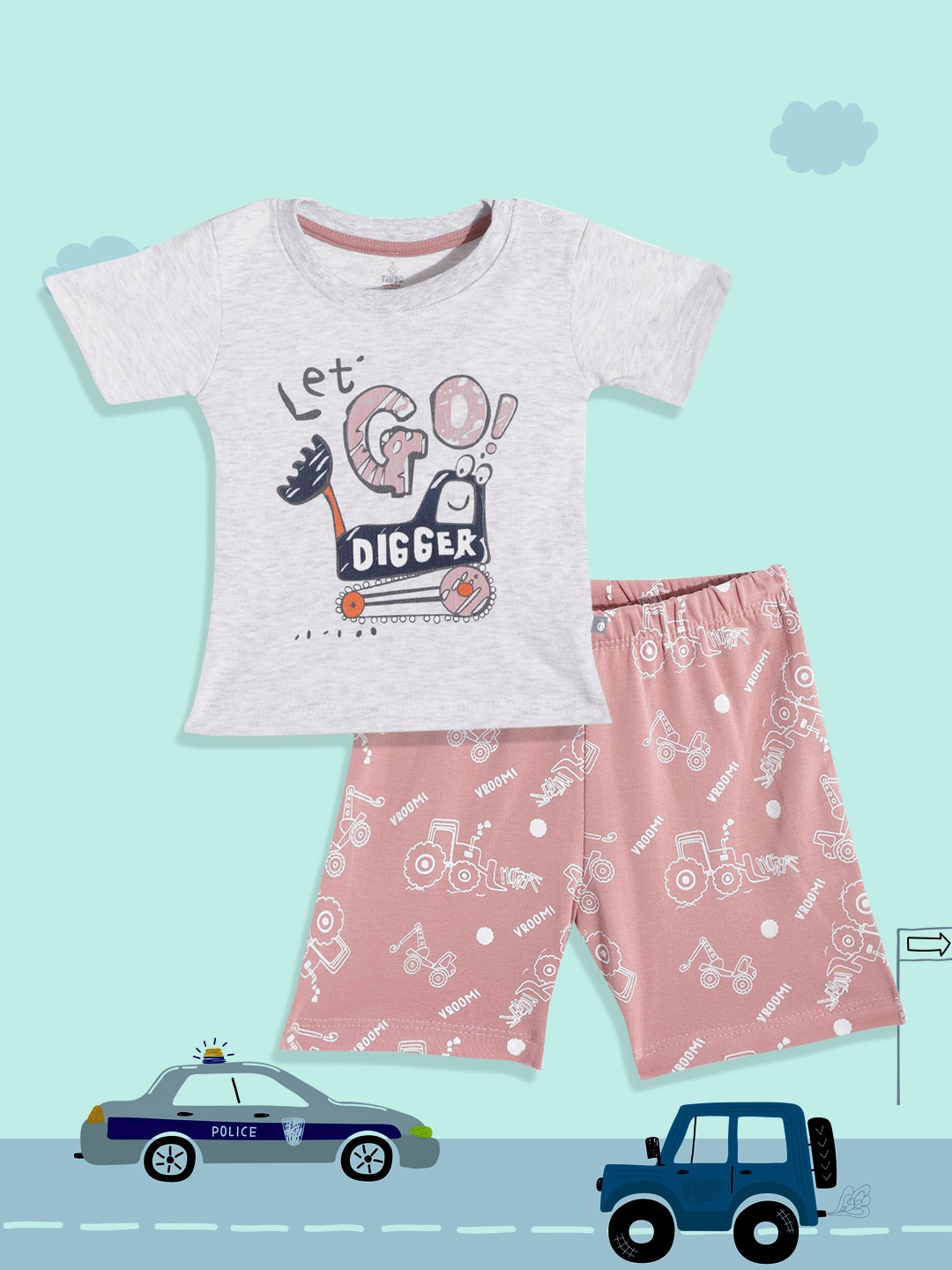 

TINYO Boys Grey & Peach-Coloured Pure Cotton Graphic Print T-shirt with Shorts