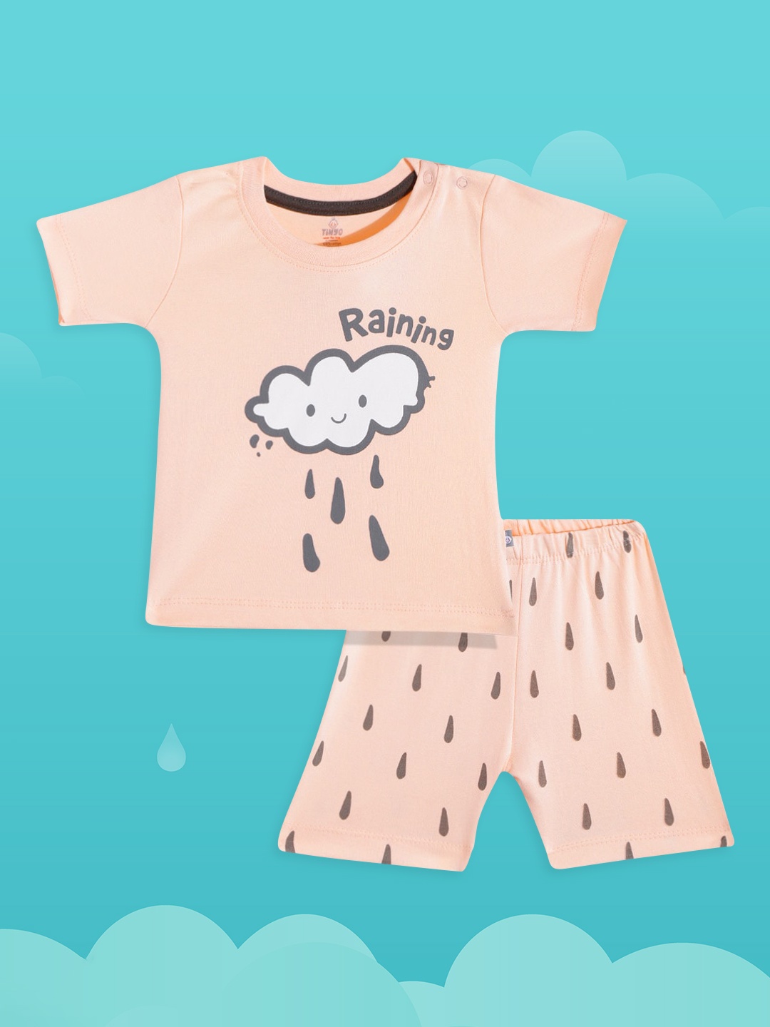 

TINYO Boys Salmon Pink & Grey Pure Cotton Graphic Print T-shirt with Shorts, Peach