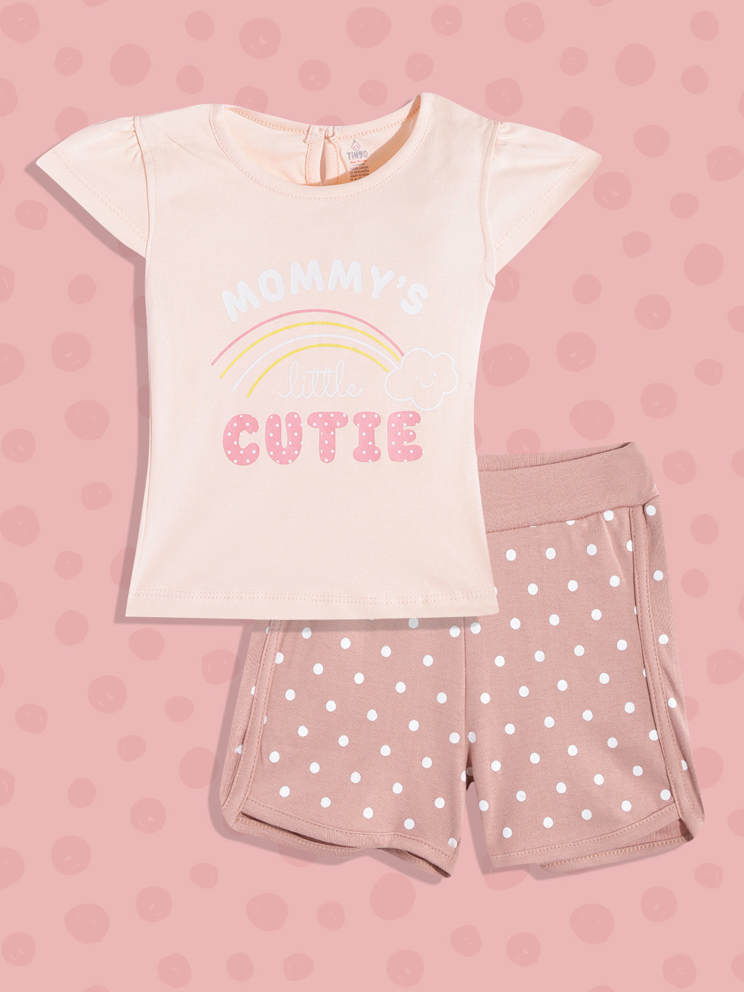 

TINYO Infant Girls Peach-Coloured & White Typography Cotton Top & Polka-Dot Print Shorts