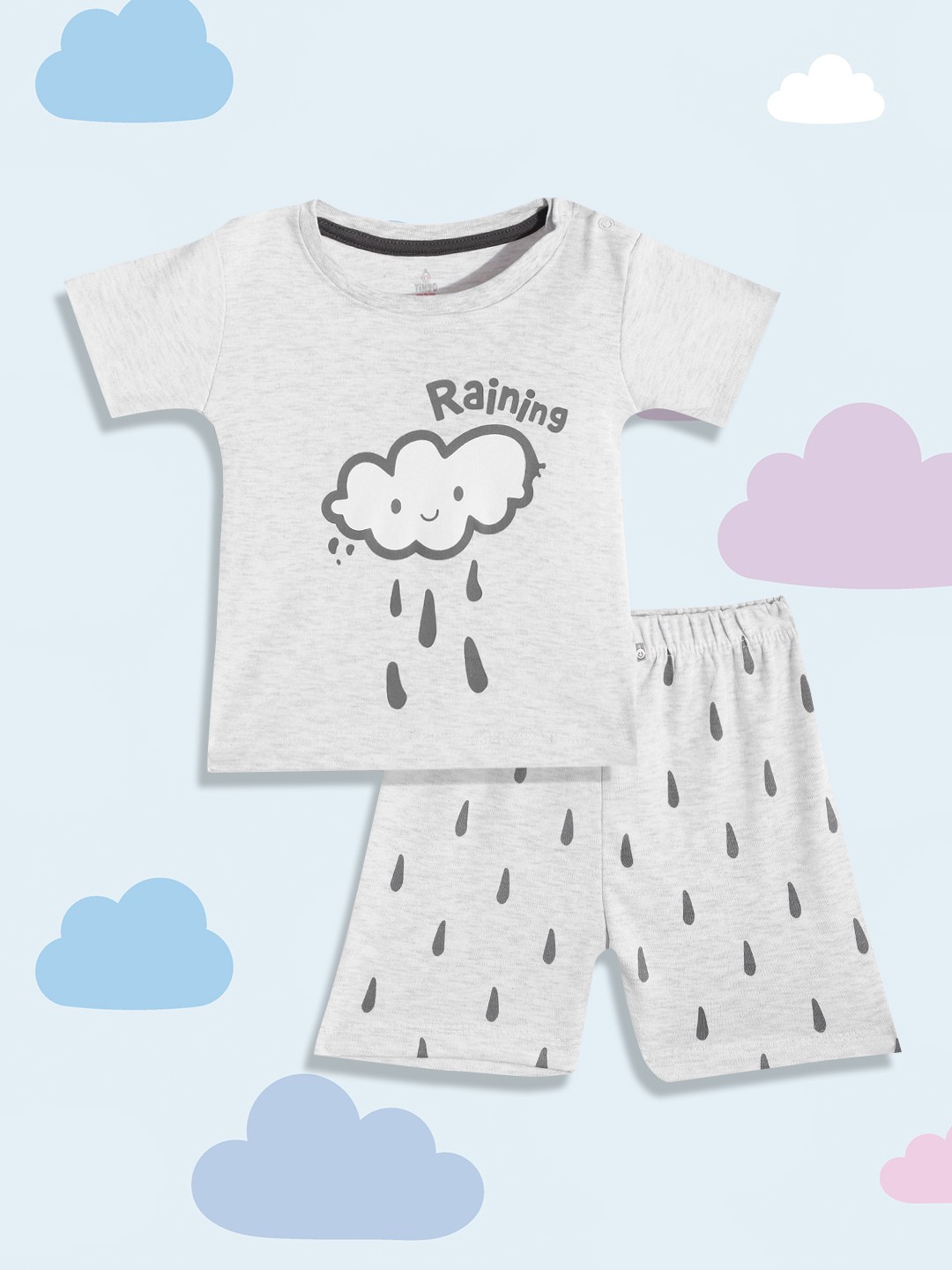 

TINYO Boys Grey & White Pure Cotton Graphic Print T-shirt with Shorts