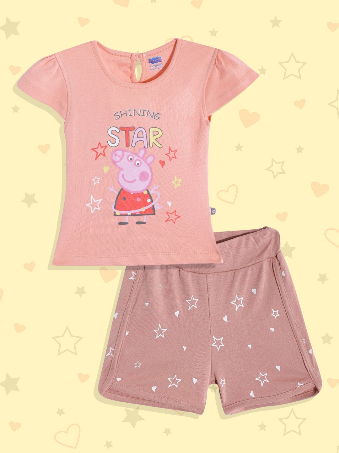 

TINYO Infant Girls Peach-Coloured & Dusty Rose Pink Peppa Pig Print Cotton Top with Shorts