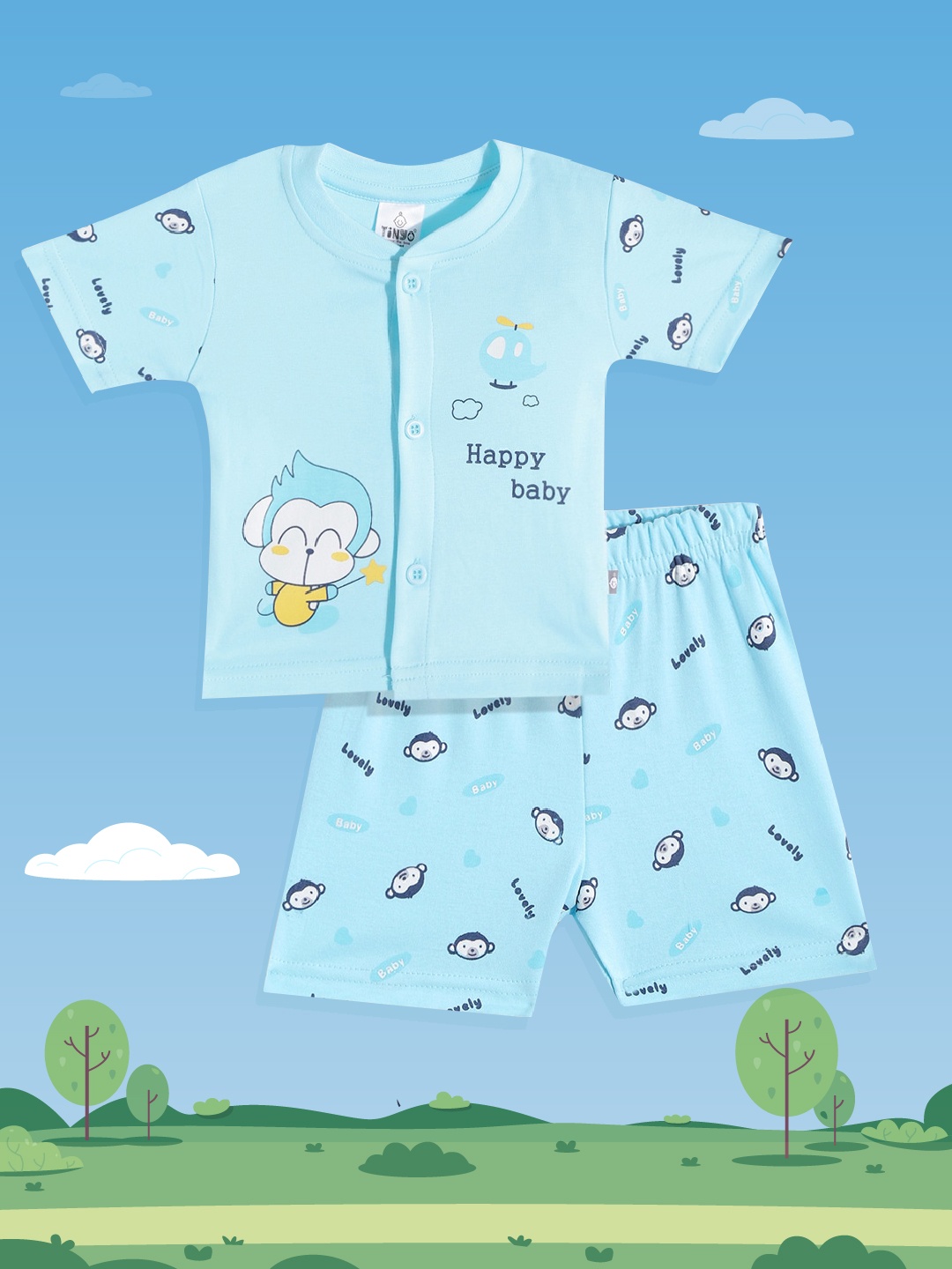 

TINYO Boys Blue & White Pure Cotton Graphic Print T-shirt with Shorts