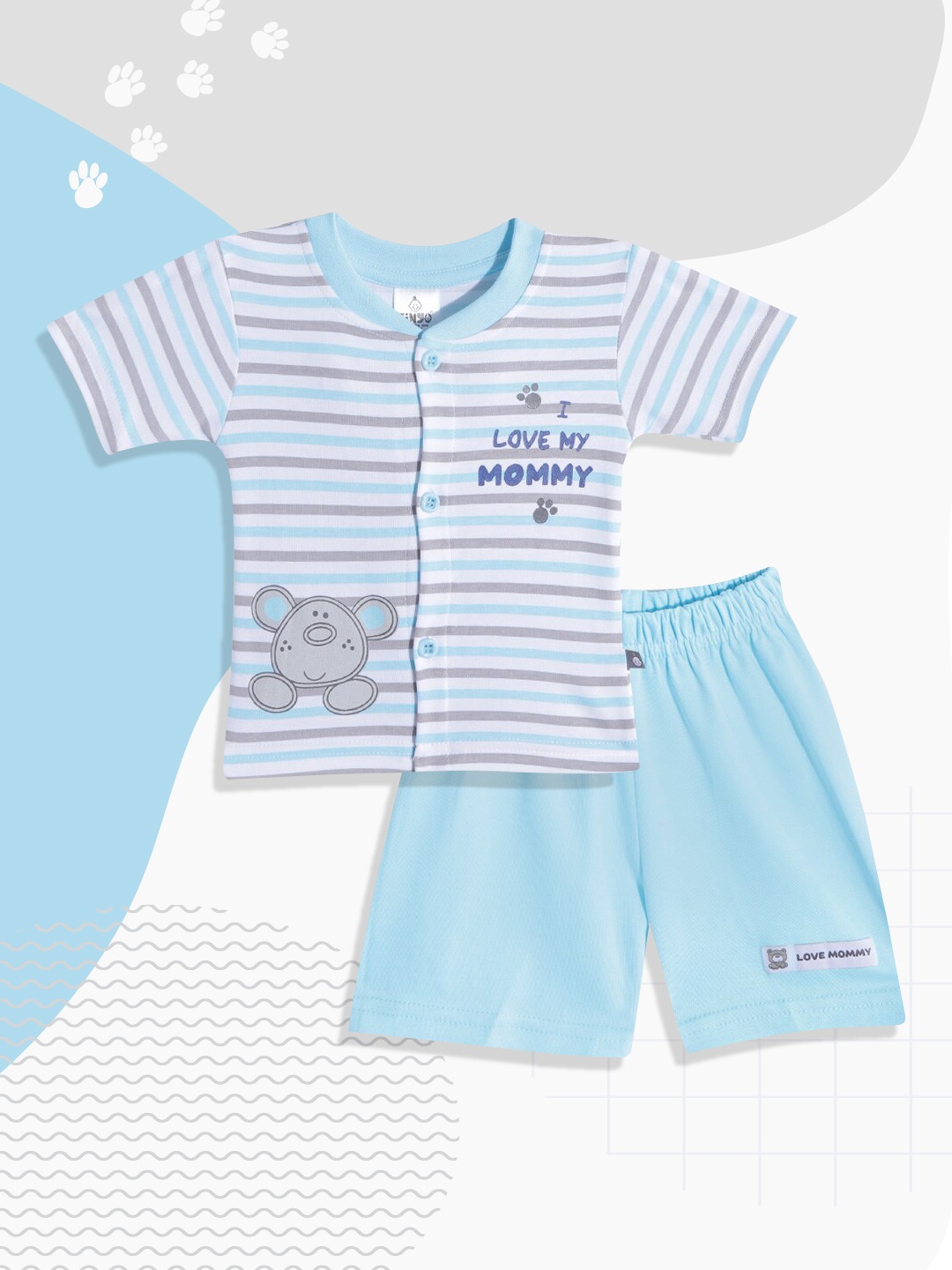 

TINYO Infant Kids White & Blue Striped Pure Cotton Jhabla with Shorts