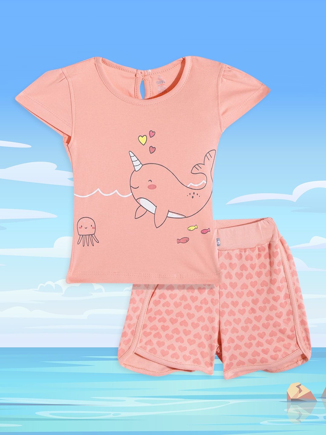 

TINYO Girls Peach-Coloured & Black Printed Top with Shorts