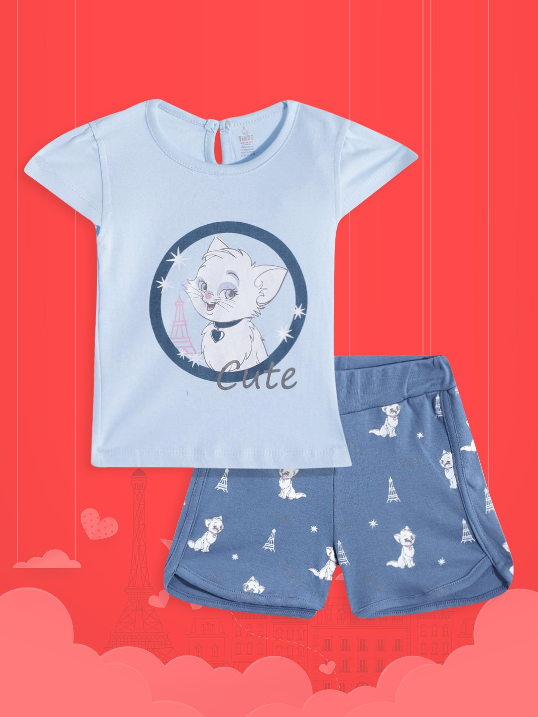 

TINYO Infant Girls Blue & White Cotton Cat Print Top with Shorts