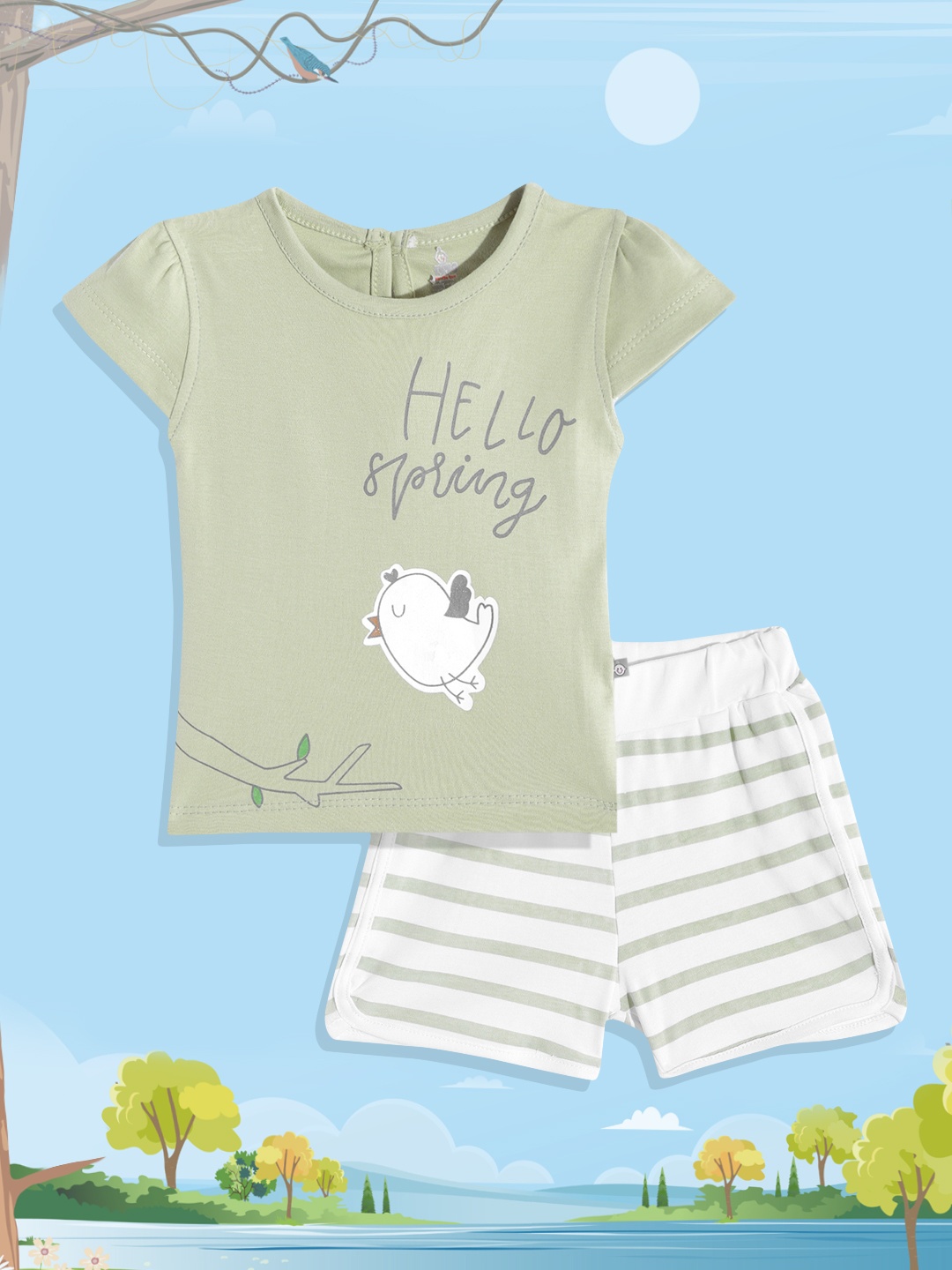 

TINYO Infant Girls Sage Green & White Printed Pure Cotton Top with Shorts