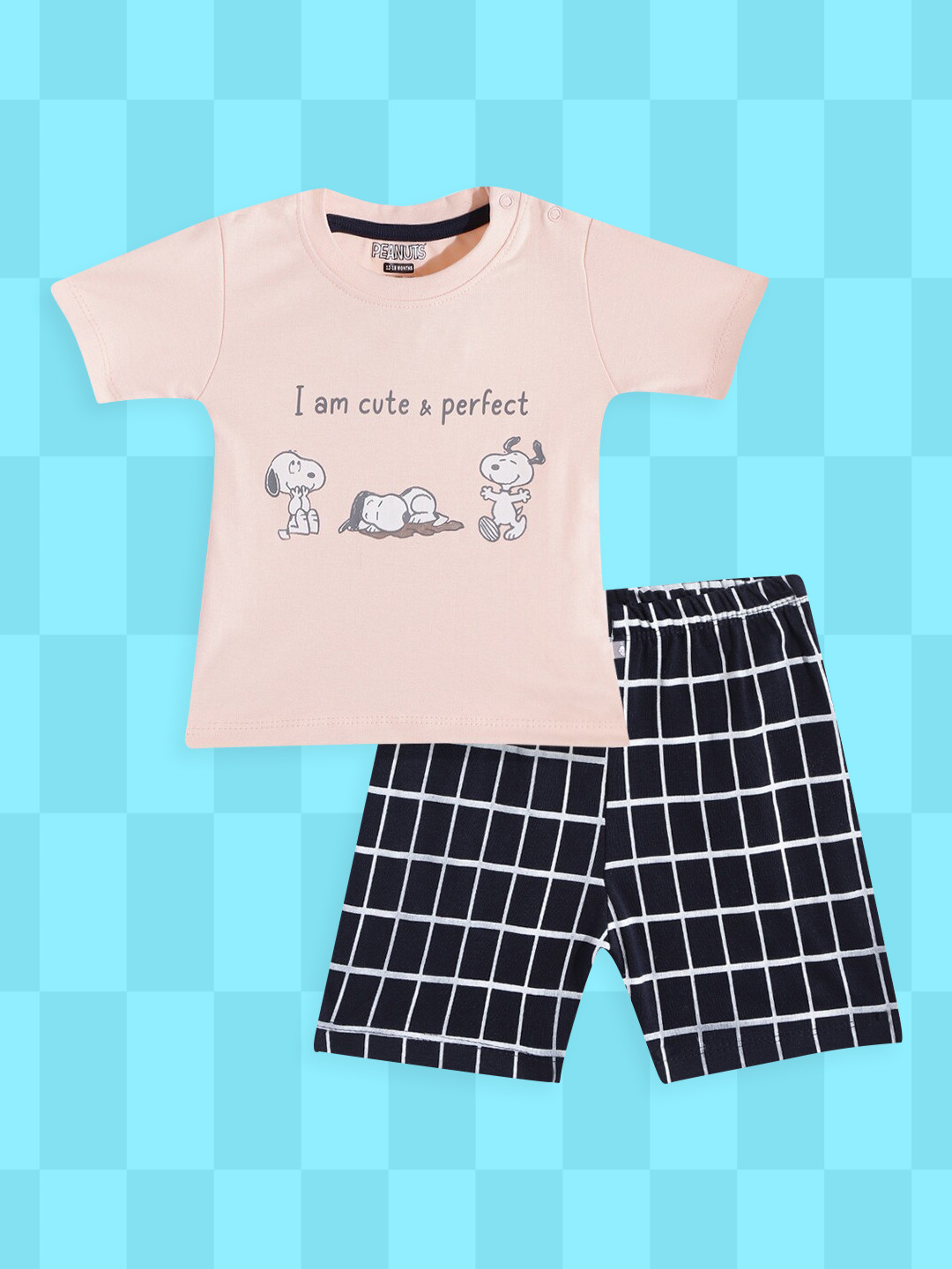 

TINYO Boys Peach-Coloured & Grey Pure Cotton Peanuts Graphic Print T-shirt with Shorts