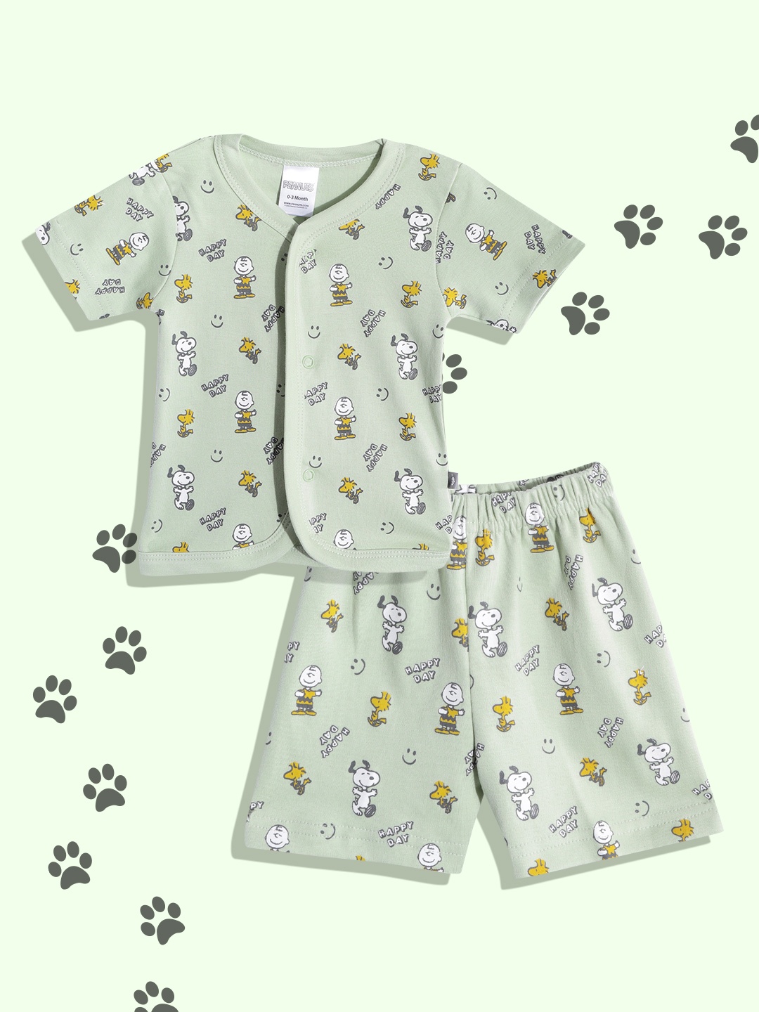 

TINYO Infant Kids Sage Green & Black Printed Pure Cotton Jhabla with Shorts