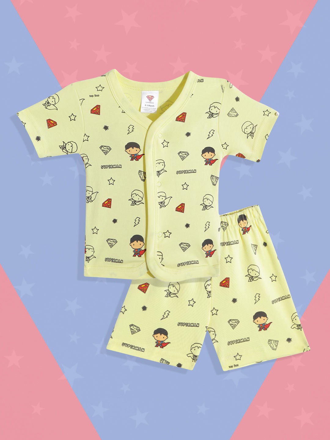 

TINYO Infant Kids Yellow & Black Superman Print Pure Cotton Jhabla with Shorts