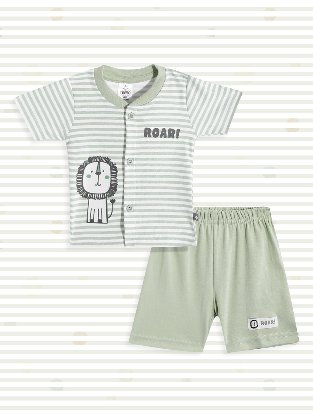 

TINYO Boys Sage Green & White Pure Cotton Striped T-shirt with Shorts