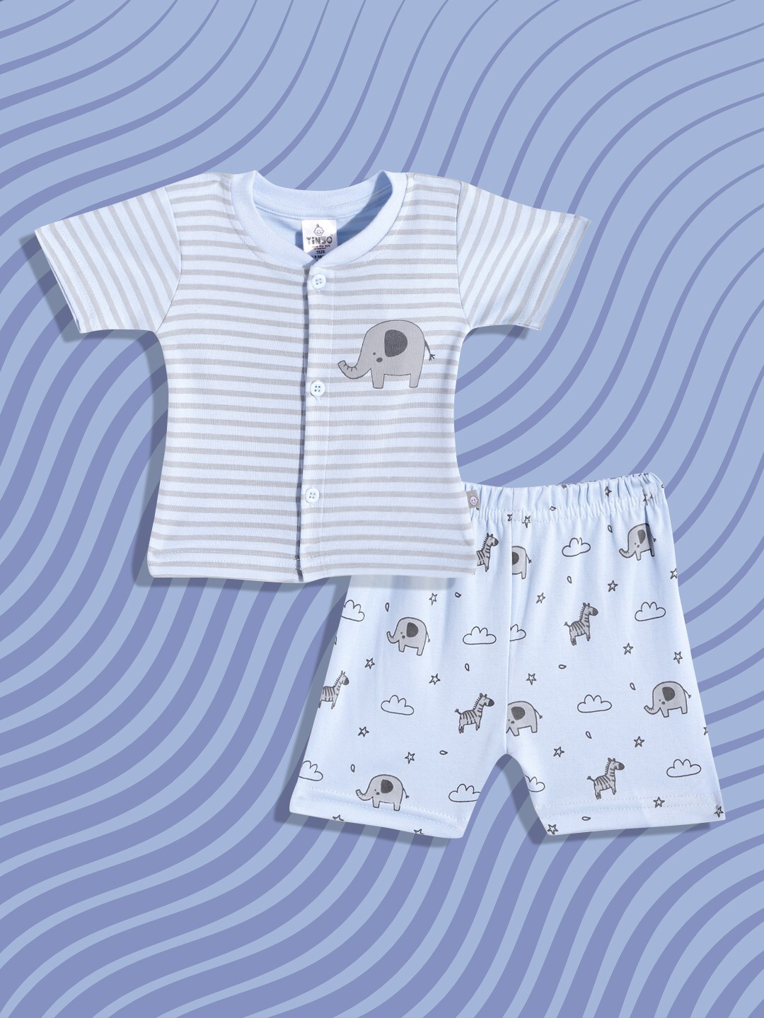 

TINYO Boys Blue & Grey Pure Cotton Striped T-shirt with Shorts