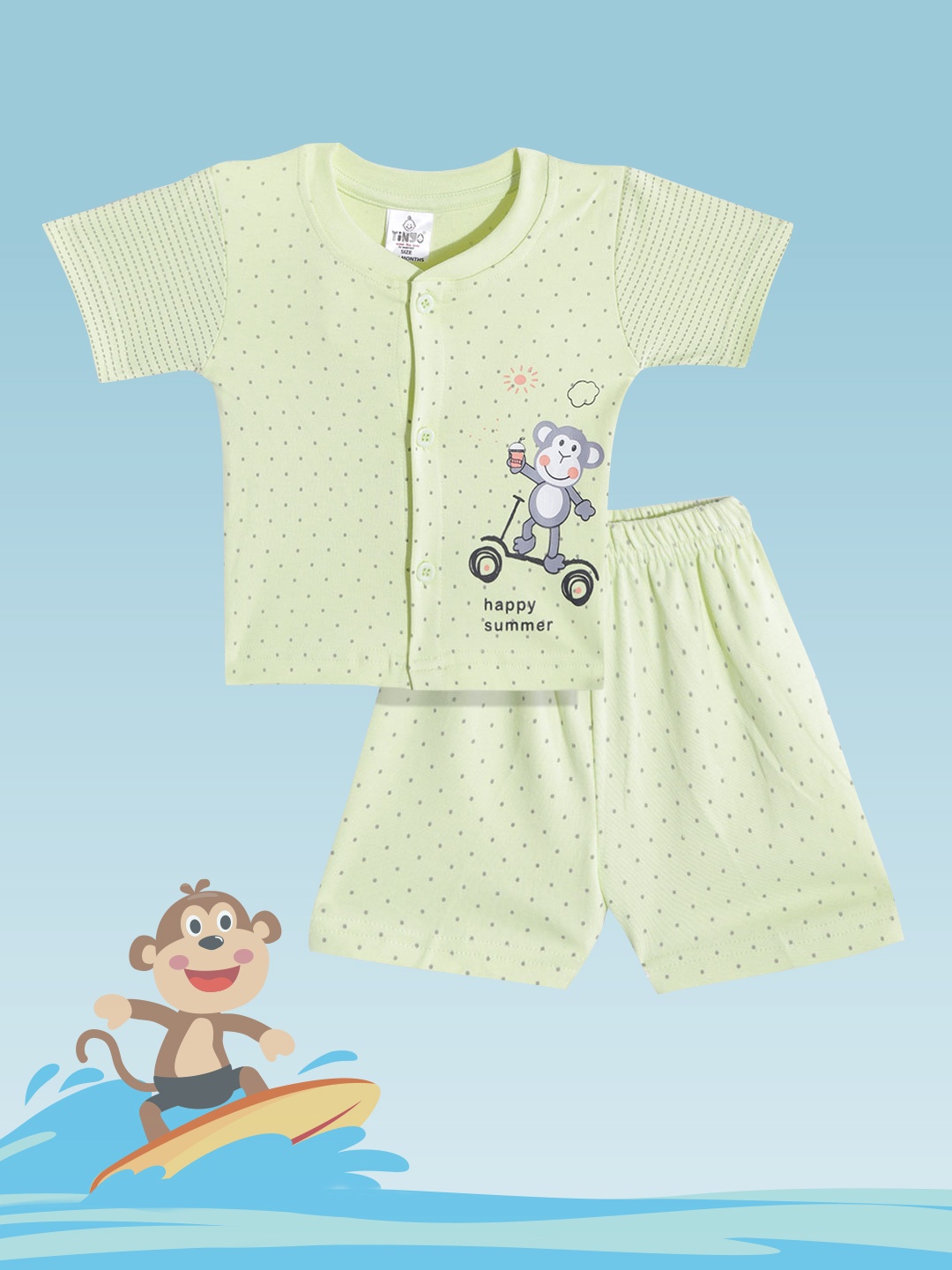 

TINYO Infant Boys Lime Green & Grey Polka Dot & Graphic Print Cotton Clothing Set
