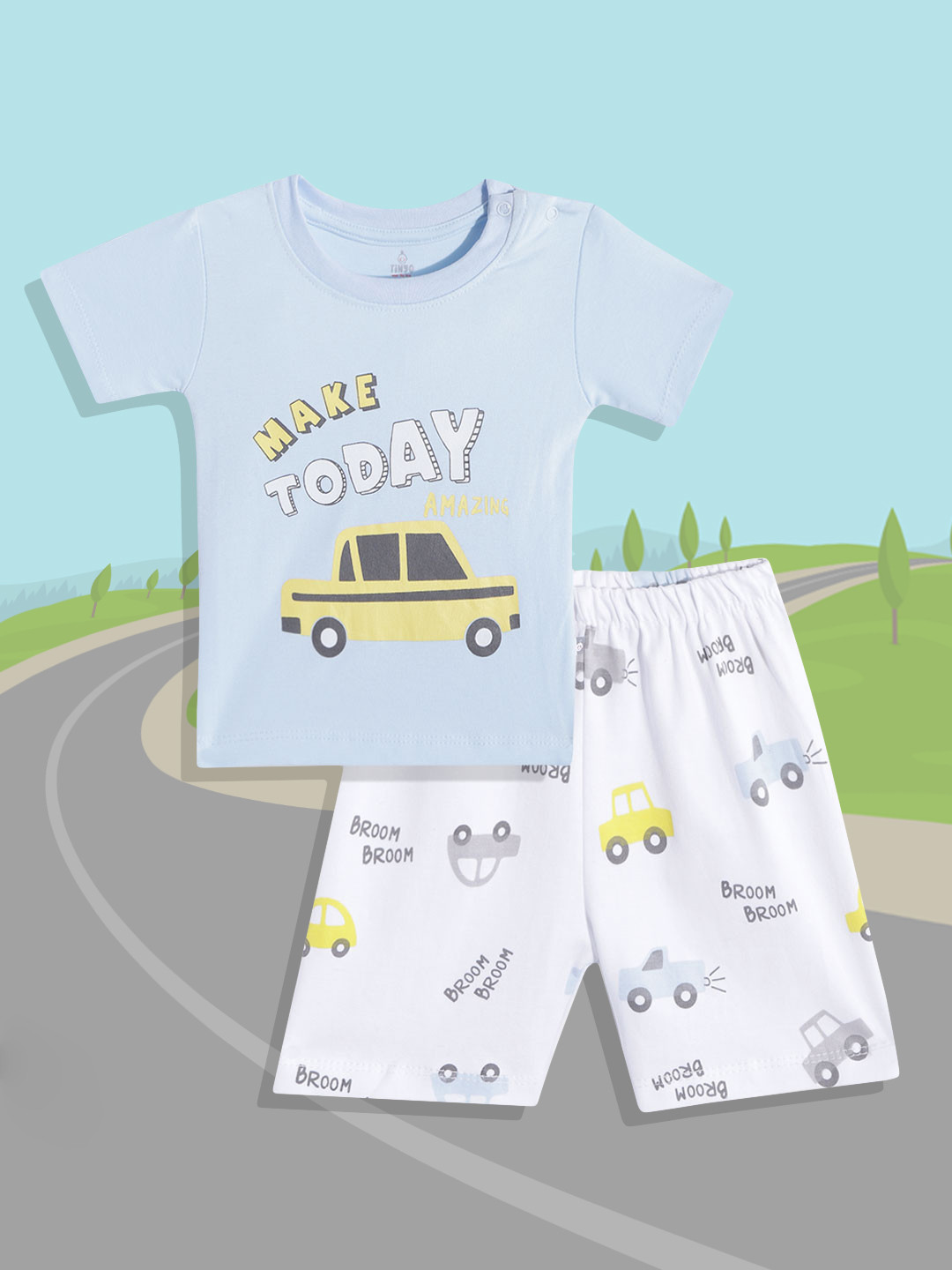 

TINYO Infant Boys Blue & Yellow Graphic Print Cotton Clothing Set