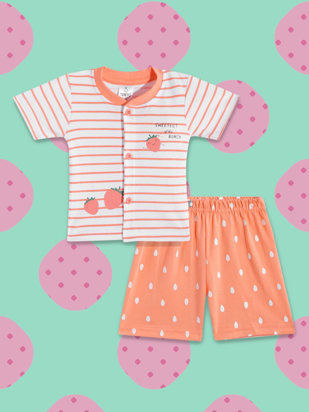 

TINYO Infant Girls White & Peach-Coloured Cotton Striped Jhabla with Teardrop Print Shorts
