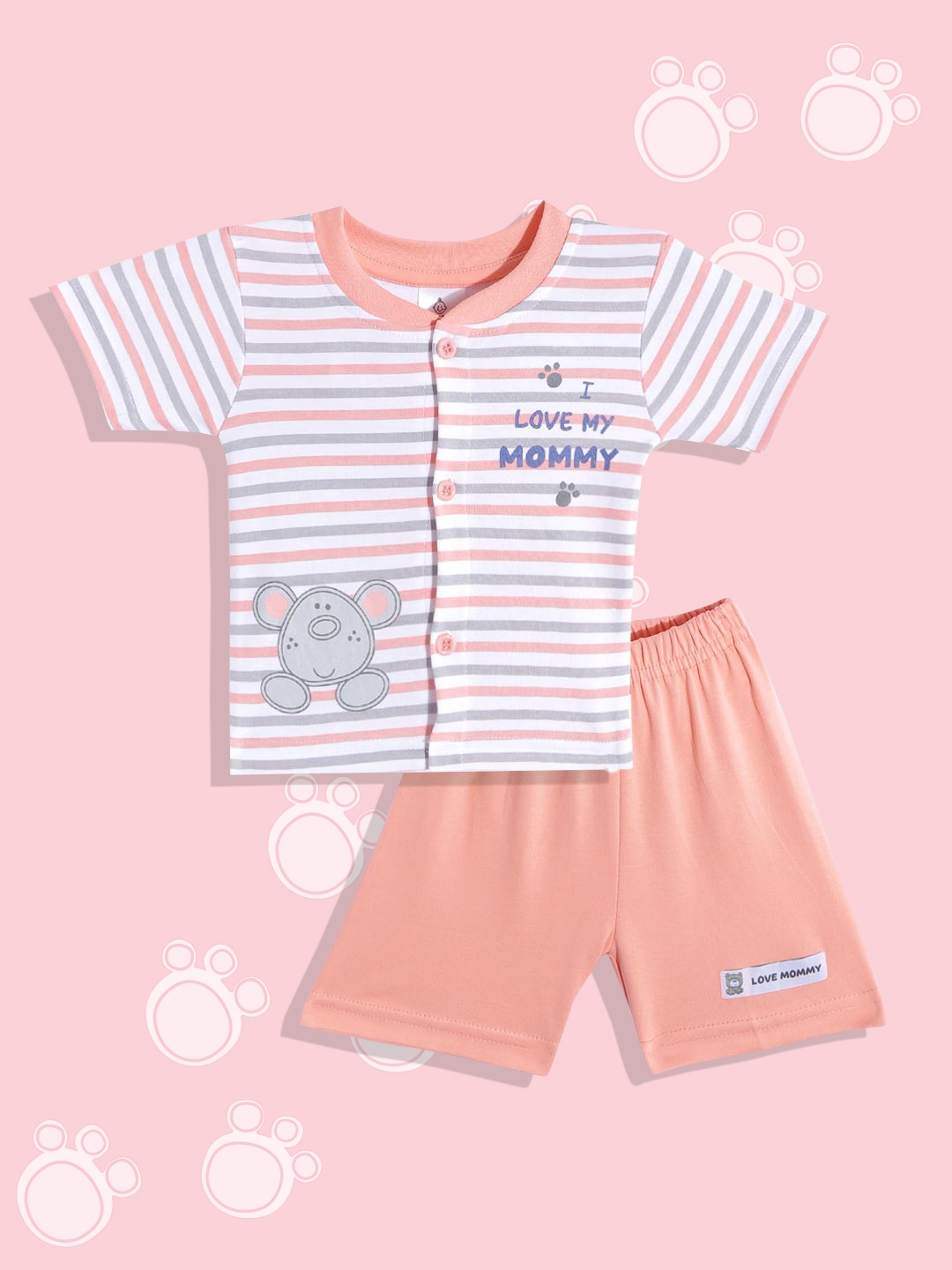 

TINYO Unisex Kids White & Peach-Coloured Striped Pure Cotton Jhabla with Shorts