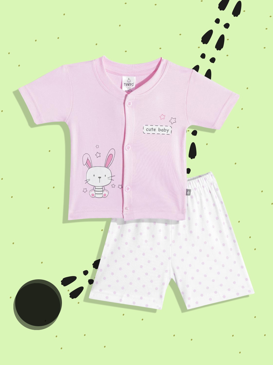 

TINYO Infant Kids Pink & White Printed Pure Cotton Jhabla with Shorts
