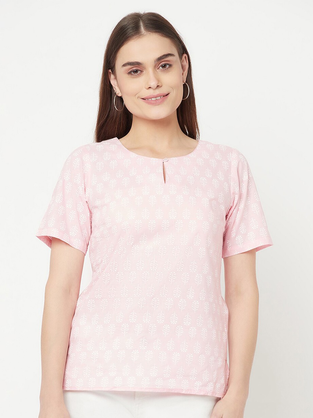 

RAASSIO Pink & White Print Keyhole Neck Top