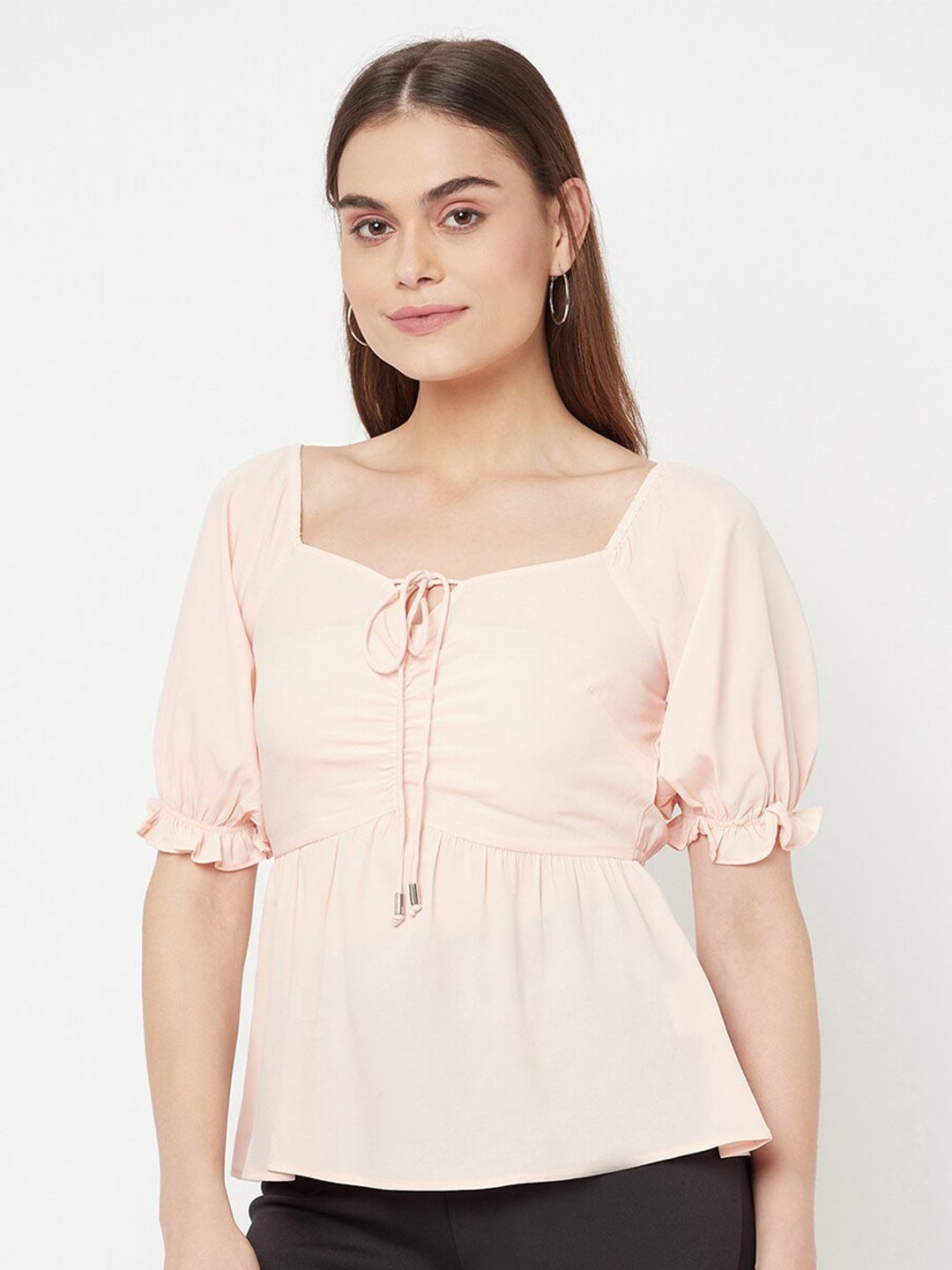 

RAASSIO Peach-Coloured Tie-Up Neck Crepe Peplum Top