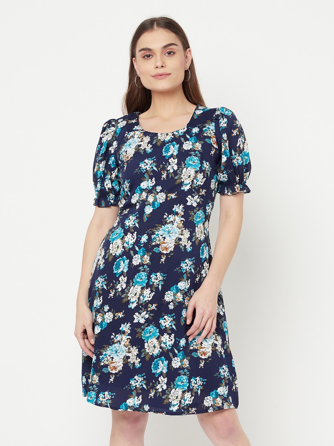 

RAASSIO Women Blue Floral Crepe A-Line Dress