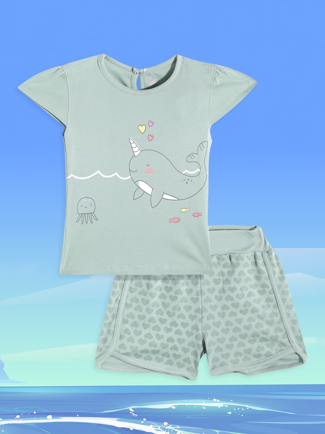 

TINYO Infant Girls Sage Green & Black Cotton Dolphin Print Top with Heart Print Shorts