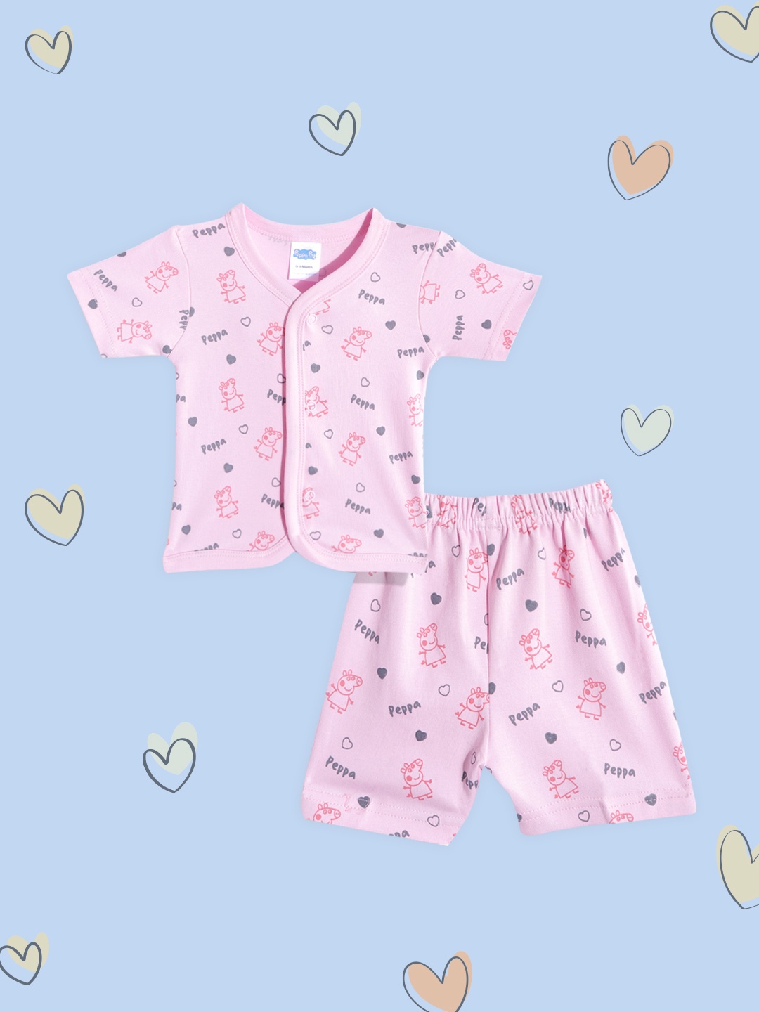 

TINYO Infant Kids Pink & Grey Printed Pure Cotton Jhabla with Shorts