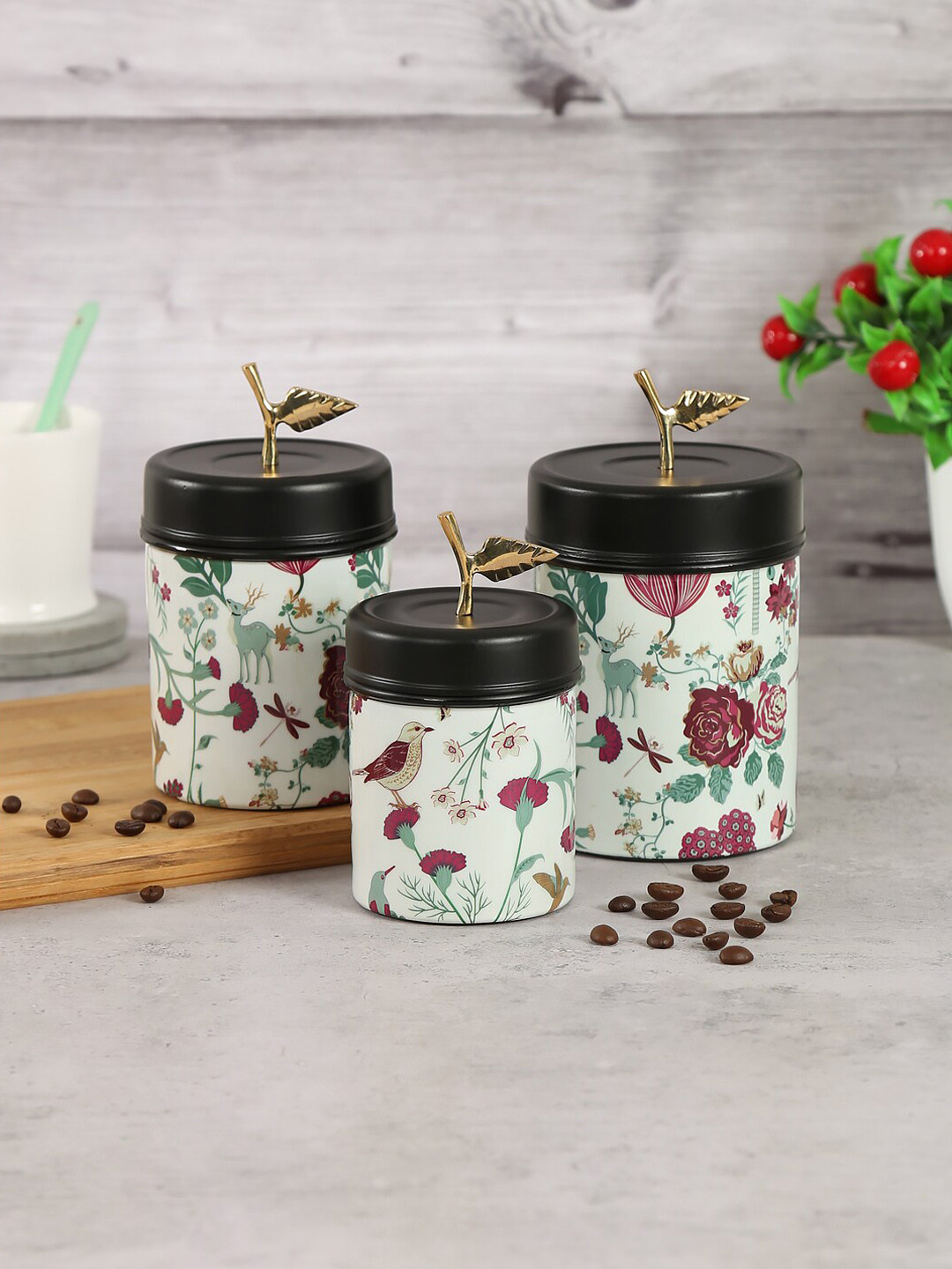 

India Circus by Krsnaa Mehta Set Of 3 White & Black Stainless Steel Storage Containers