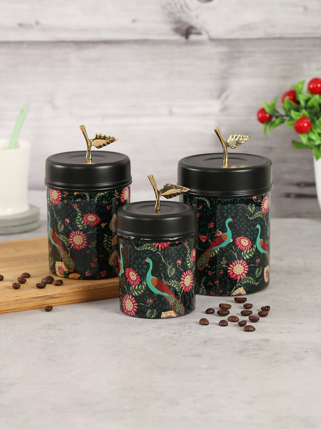

India Circus by Krsnaa Mehta 3 Pieces Black & Green Floral Steel Containers