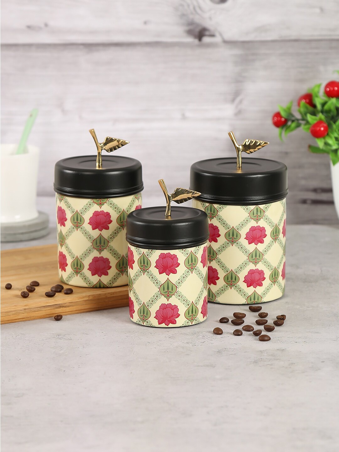 

India Circus by Krsnaa Mehta Set of 3 Pink & Beige Printed Steel Storage Jar With Lid